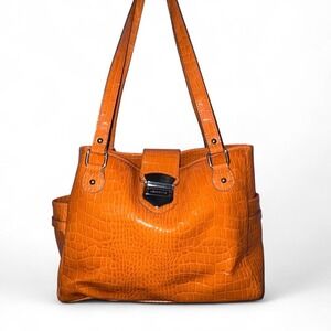 Liz Claiborne VTG Orange Crocodile-Embossed Leather Shoulder Bag